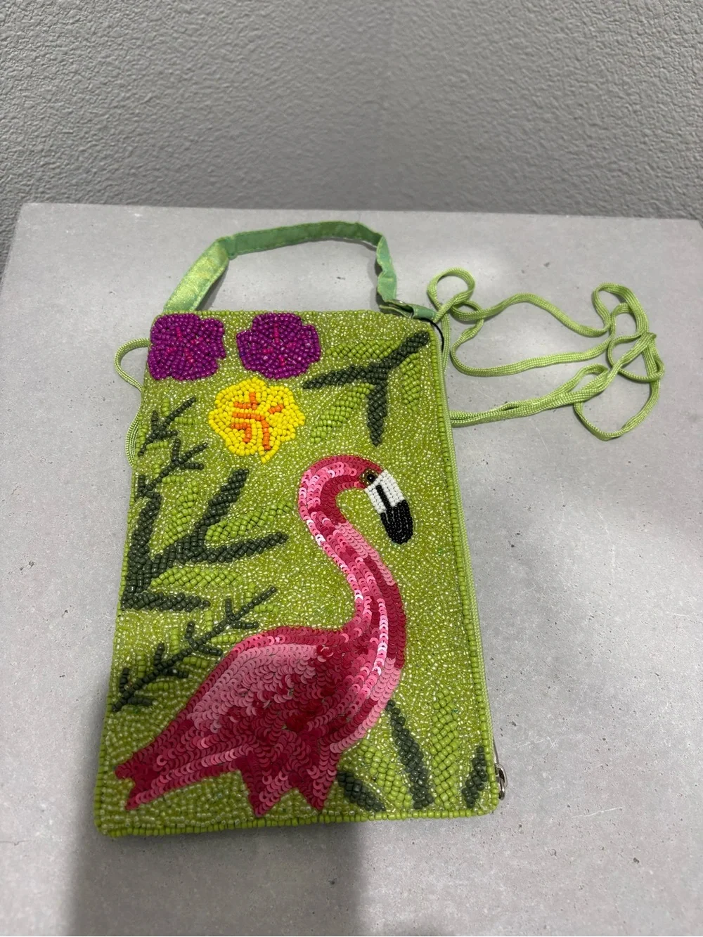 Beaded Flamingo Zip Pouch - Lime Green & Pink by Bamboo Club